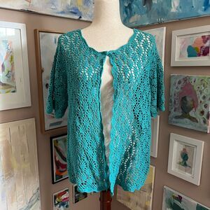 Teal‎ Crochet Short Sleeve Open Knit One Button Cardigan Boho Beachy y2k Coastal